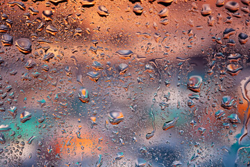 Raindrops on the window. Water drops on glass. Abstract background. Beach at sunset. Texture of...