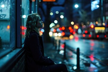 Businesswoman at city bus stop, waiting, evening light