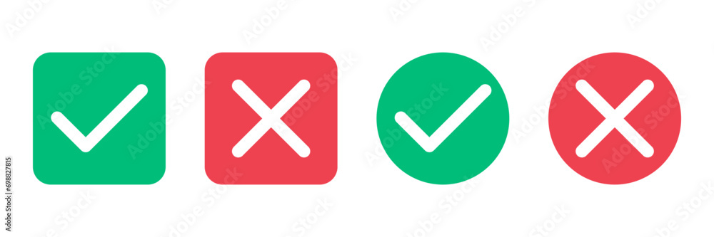Poster Title: check mark icon button set. check box icon with right and wrong buttons and yes or no checkmark icons in green tick box and red cross. vector illustration