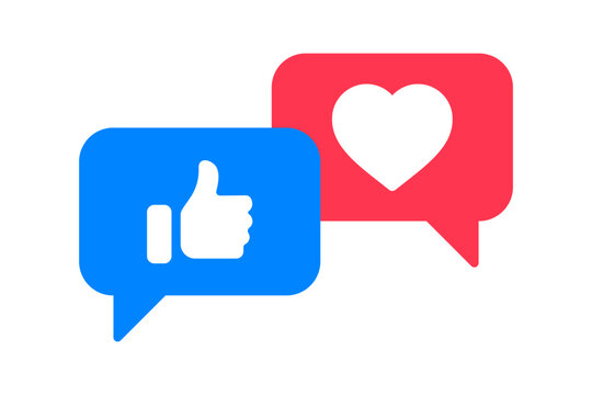 Like and love icon button. Thumbs up and heart flat icon in modern 3d speech bubble shapes , Social media notification icons. emoji post reactions set. Vector illustration