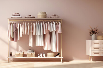 Shelves with clothes and accessories in dressing room. 3d render