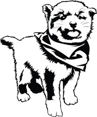 Cartoon Black and White Isolated Illustration Vector Of A Pet Puppy Dog Wearing A Bandana