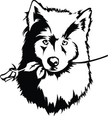 Cartoon Black and White Isolated Illustration Vector Of A Pet Puppy Dog Carrying A Rose In Its Mouth