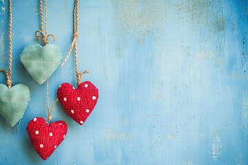 Gingham love hearts on rustic wood texture background. Blue wall with heart shape garland. Valentines day concept with copy space. Greeting card or banner