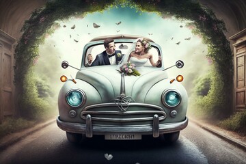 Wedding car carrying bride and groom, wedding, marriage. Generative AI