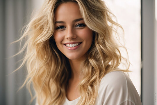 Smiling Young Woman With Blonde Long Groomed Hair, Isolated On A White Background