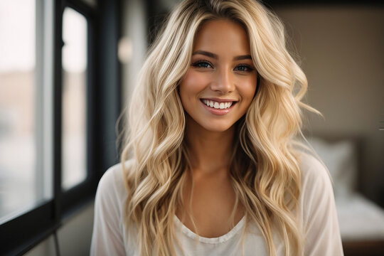 Smiling Young Woman With Blonde Long Groomed Hair, Isolated On A White Background