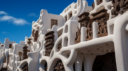 A detailed close-up shot of Lagomar Museum, showcasing the intricate architectural details that contribute to its fame on Lanzarote Island, Canaries, Spain. - obrazy, fototapety, plakaty