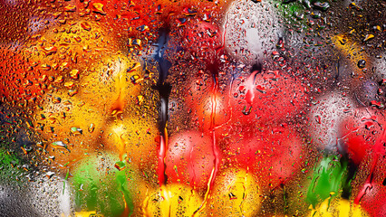 Raindrops on the window. Water drops on glass. Abstract background. Colorful spots. Texture of drops