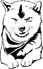 Cartoon Black and White Isolated Illustration Vector Of An Akita Pet Puppy Dog Laying Down Wearing A Bandana