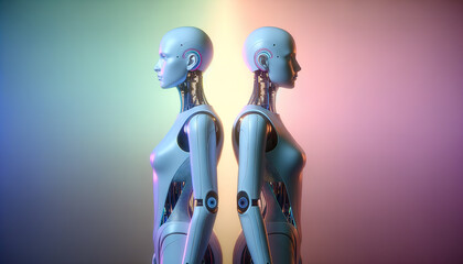Obraz premium Symmetrical digital twins in futuristic attire symbolizing AI innovation and connection.