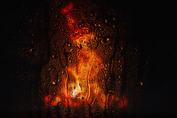 Drops of rain on the window. Water drops on glass. Abstract background. Fire flame. Texture of drops