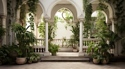 Fototapeta na wymiar A high-definition photograph showcasing the intricate details of beautiful architectural elements with white walls and lush green plants.