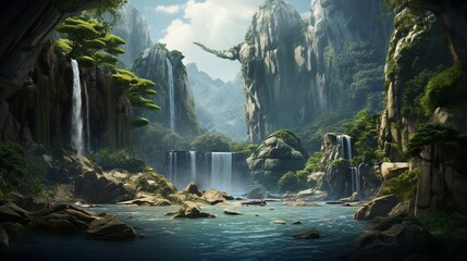 A majestic waterfall framed by jagged cliffs, the water plunging into a pool below, creating a...