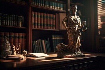 Courtroom with gavel, Themis statue, and law books on desk and in bookshelf. Generative AI