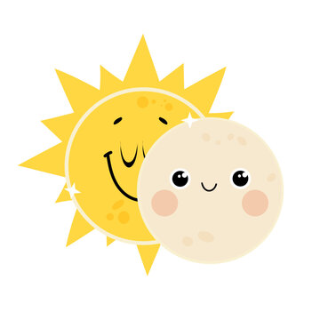 Cute hand drawn solar eclipse illustration. Vector sun and moon characters design.
