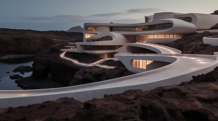 A mesmerizing image capturing Lagomar Museum's architectural splendor, harmoniously blending with the natural wonders of Lanzarote Island, Canaries, Spain. - obrazy, fototapety, plakaty