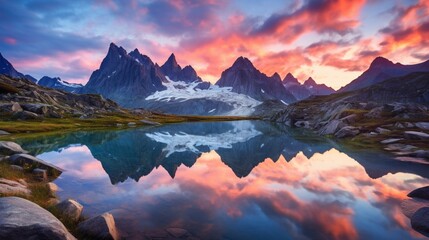Fototapeta na wymiar A mesmerizing image capturing the tranquility of a summer sunrise in the mountains, with the soft pastel colors of the sky mirrored in a calm alpine lake, surrounded by towering peaks.