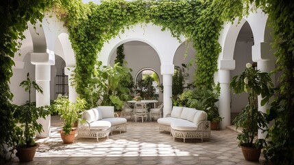 Fototapeta na wymiar A mesmerizing photograph capturing the beauty of white-walled architecture complemented by an abundance of green plants, creating a serene and inviting atmosphere.