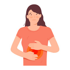 illustration of a woman touches his stomach. Gastrointestinal problems, fear of gastritis, acid reflux, intestinal problems. flat design
