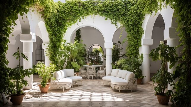 A mesmerizing photograph capturing the beauty of white-walled architecture complemented by an abundance of green plants, creating a serene and inviting atmosphere.