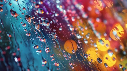 water rain drops on a colorful neon glass window in the background. texture wallpaper design....