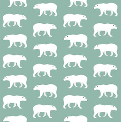Vector seamless pattern of flat hand drawn polar bear isolated on green background