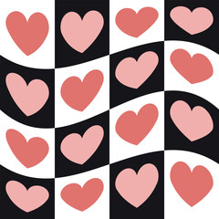 Vector seamless pattern of groovy retro heart chessboard background