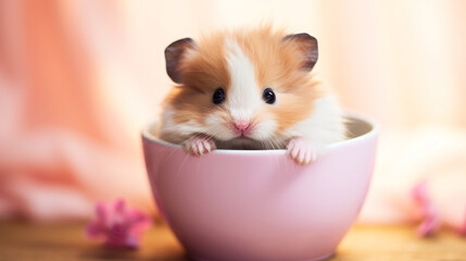 A cute guinea pig peeks out from a pink cup with flowers around it on a soft background.