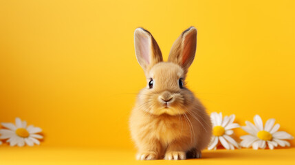 Fototapeta na wymiar A brown bunny with long ears sits in front of a yellow background, with white daisies around.