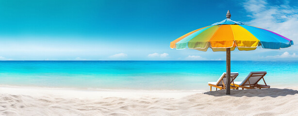 Colorful beds and umbrella on a tropical beach, Tropical vacation, Caribbean coast, white sandy beach, 