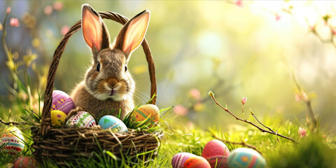 Fototapeta na wymiar A brown rabbit near a basket of colorful Easter eggs on green grass. web banner design