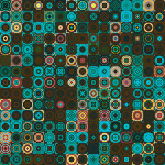 Dark brown and turquoise green colored circle shapes vintage style seamless pattern background.