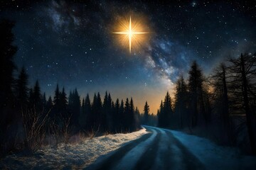 Bright star in the starry night sky. Silhouette of the forest and night road. Sunlight over the horizon. Christmas star of the Nativity of Bethlehem, Nativity of Jesus Christ-