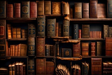 A Old ancient books, historical books. Collection of human knowledge concept. Wide format. Hand edited generative AI