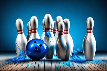 Bowling strike concept. Blue Bowling Ball hits bowling pins. Transparent background - obrazy, fototapety, plakaty