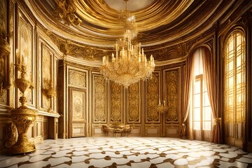 A classic extravagant European style palace room with gold decorations. wide format, Hand edited generative A