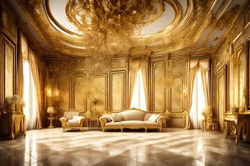 A classic extravagant European style palace room with gold decorations. wide format, Hand edited generative A