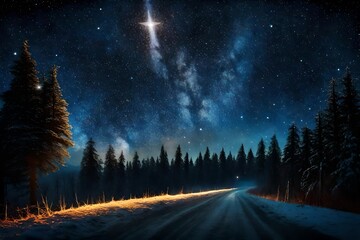 Bright star in the starry night sky. Silhouette of the forest and night road. Sunlight over the...