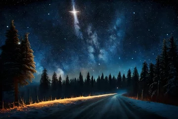 Foto op Canvas Bright star in the starry night sky. Silhouette of the forest and night road. Sunlight over the horizon. Christmas star of the Nativity of Bethlehem, Nativity of Jesus Christ- © Malik
