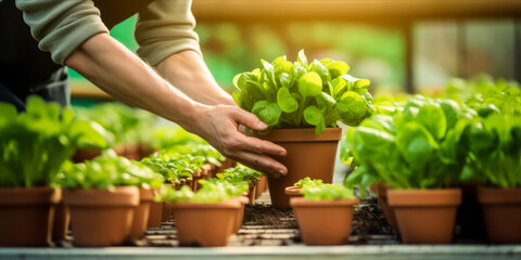 Person nurturing potted green lettuce plants in a sunlit greenhouse. web banner design