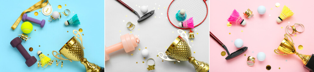 Collage of trophy cups and sports equipment on color background, top view