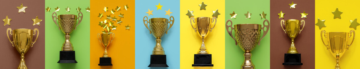 Collage of golden trophy cups and stars on color background