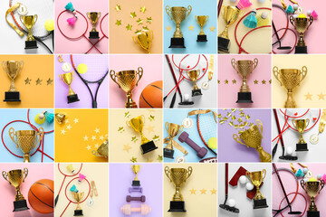 Collage of trophy cups, medals and sports equipment on color background, top view