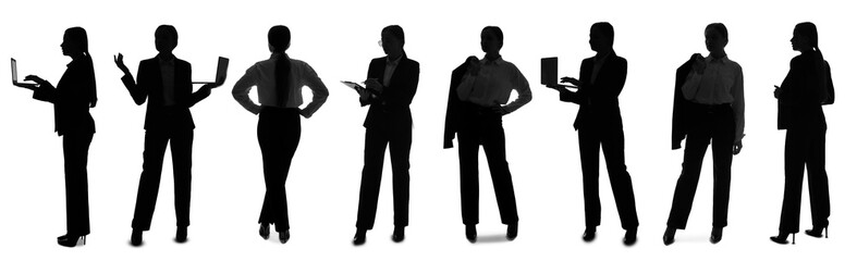 Set of silhouettes of young businesswomen on white background