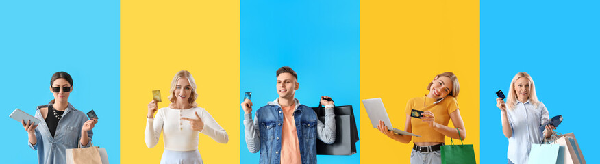 Collage of people with credit cards on blue and yellow backgrounds. Shopping online