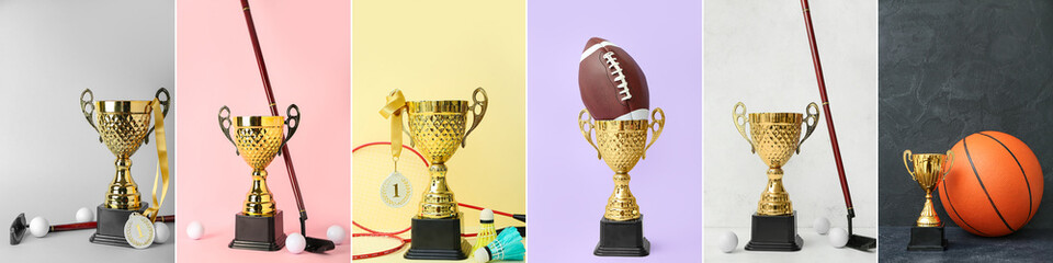 Collection of trophy cups with sports equipment on color background