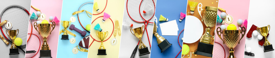 Collection of trophy cups with sports equipment on color background, top view