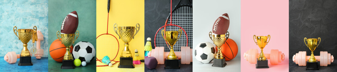 Set of trophy cups with sports equipment on color background