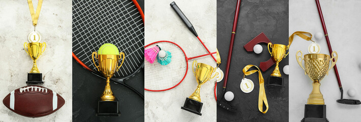 Collage of trophy cups with sports equipment on light and dark backgrounds